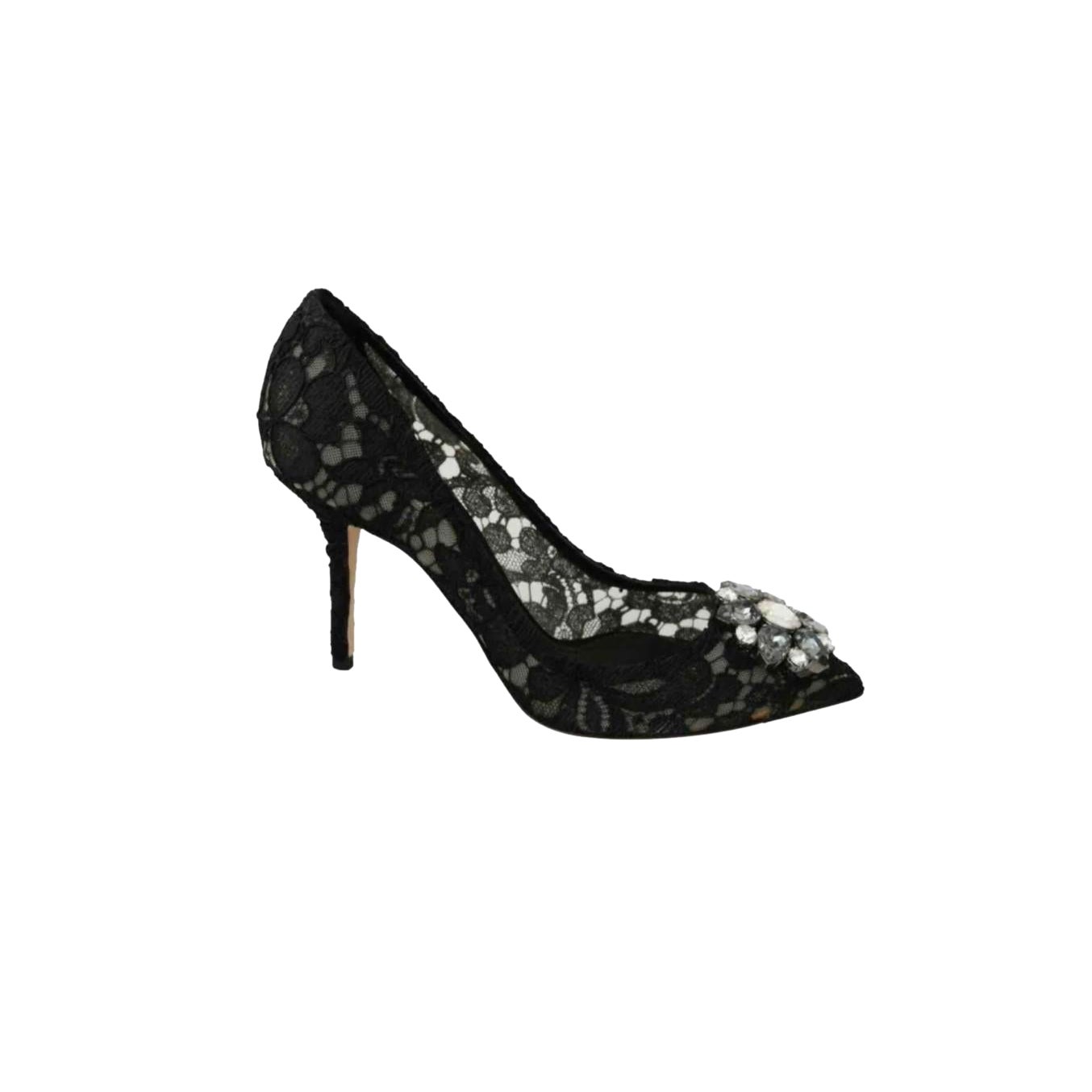 Dolce & Gabbana Black Lace Floral Pumps Heels Shoes Gray Crystals Leather