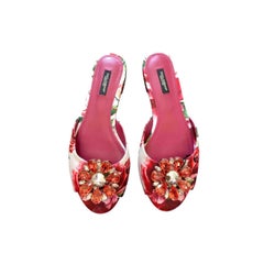 Dolce & Gabbana Pink Red Taormina Floral Peony Flat Sandals Shoes Crystals Mules