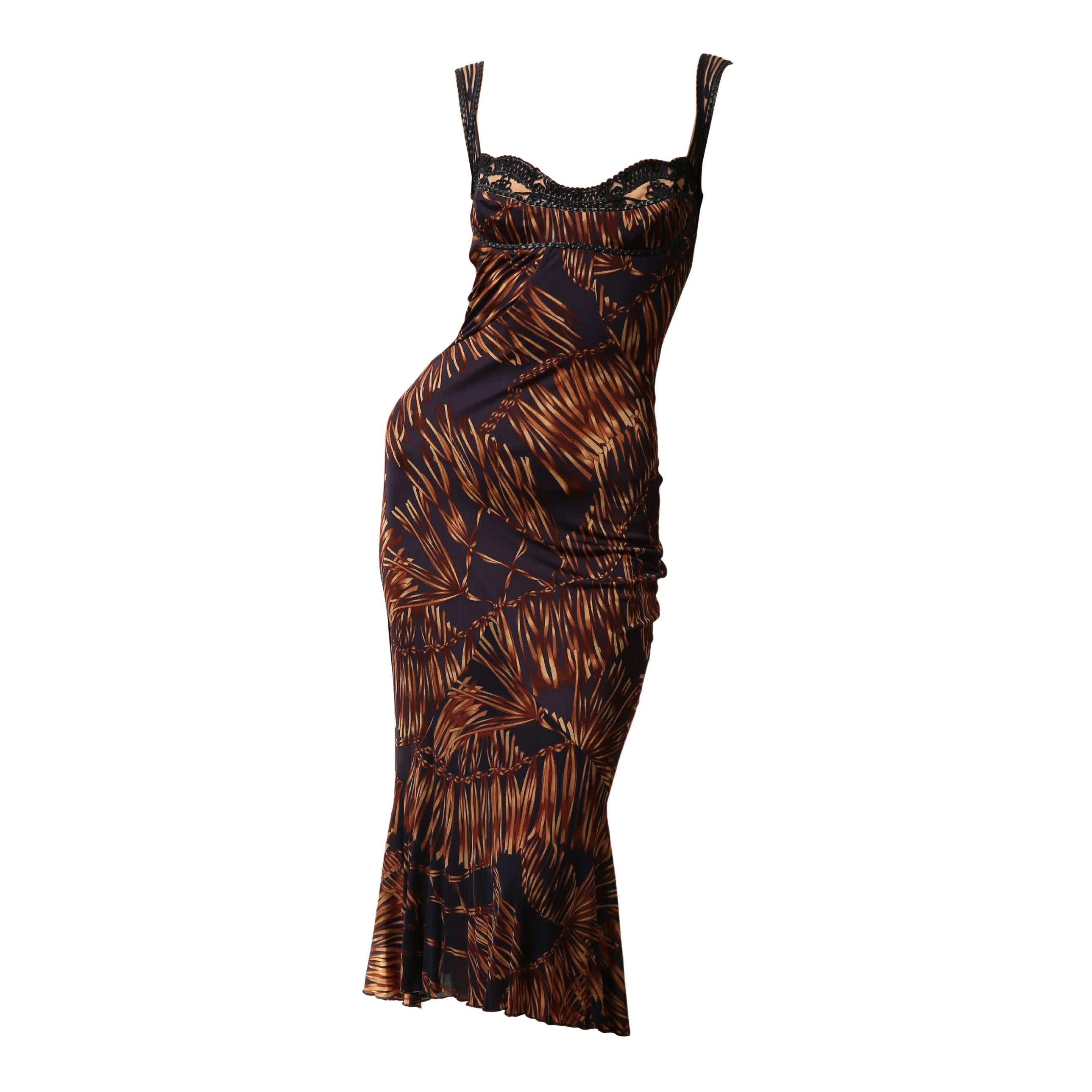 Versace Spring 06 blue brown leather silk sleeveless bustier midi dress IT 38 For Sale