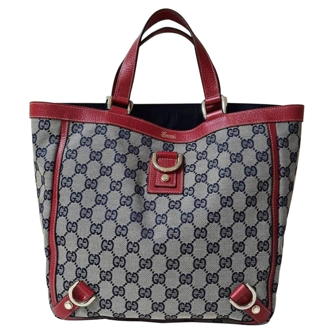 Gucci Red Leather GG Monogram Canvas Abbey D-Ring Tote