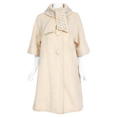 Used 1963 Lilli-Ann Cream Mohair Rhinestone Beaded Tie-Collar Swing Coat 