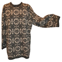 Cream with Black Motif Detailed Crewneck Laine-Wool Pullover Men's Sweater