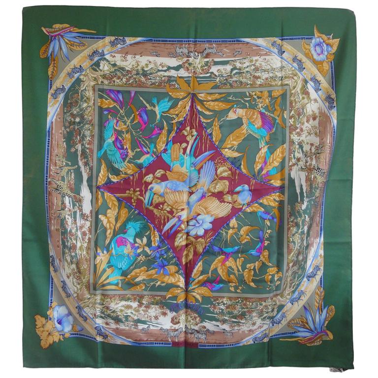 Vintage HERMES Carre large silk scarf with bird, zebra, and giraffe
