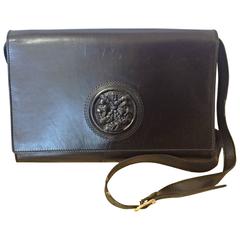Vintage FENDI black leather shoulder bag, large clutch purse with iconic logo 
