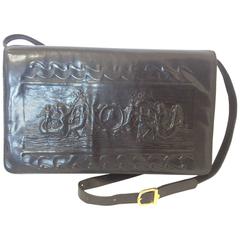 Vintage FENDI black leather shoulder bag, large clutch purse with embossed art, 