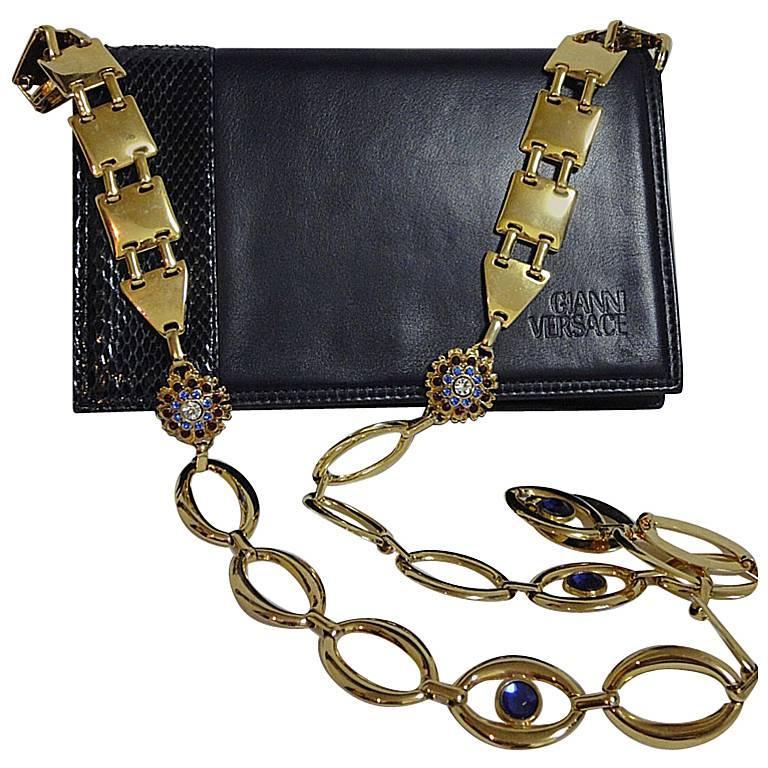 MINT. Vintage Gianni Versace navy leather clutch shoulder purse with