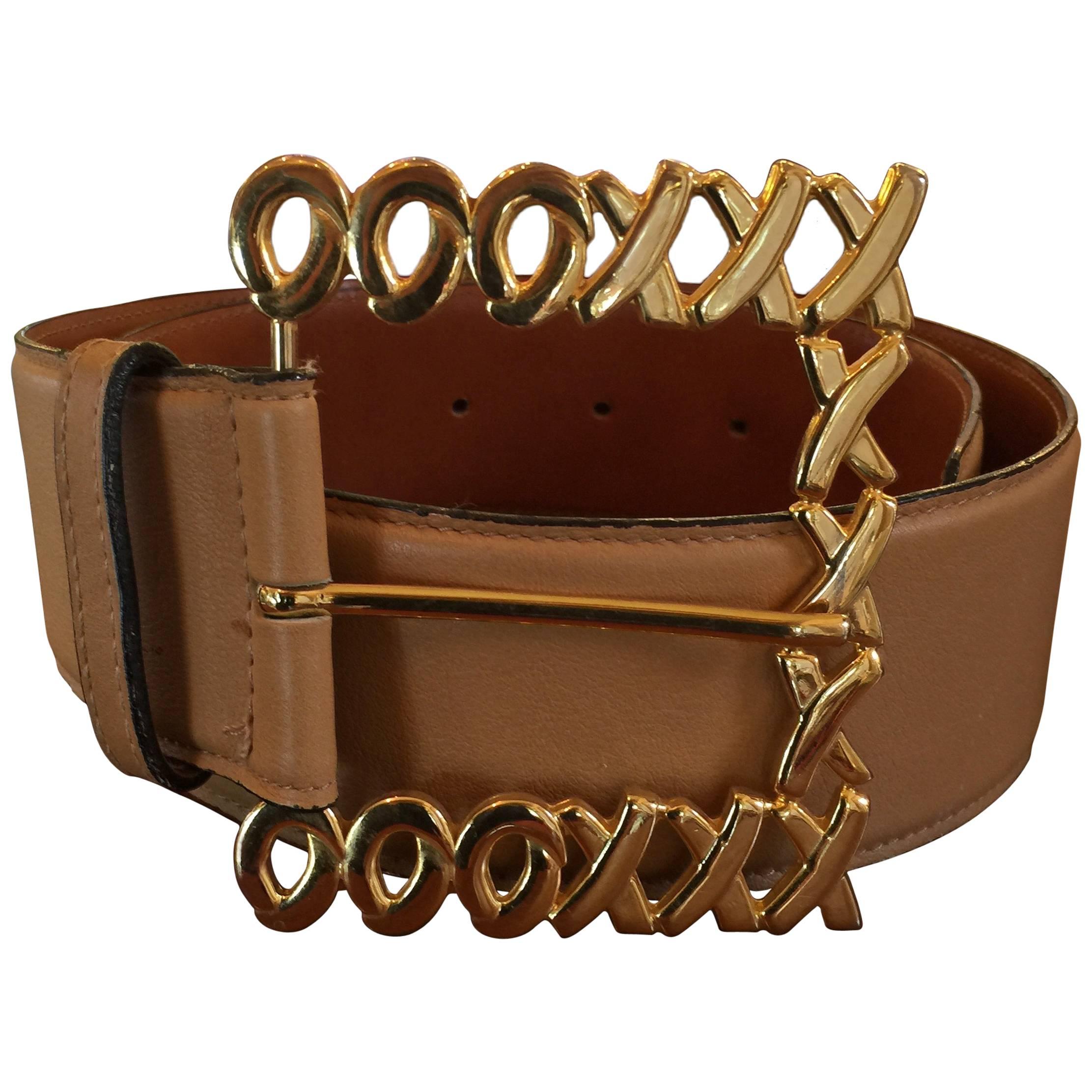 Paloma Picasso XXOXXO Leather Belt with Signature Goldtone Belt Buckle For Sale