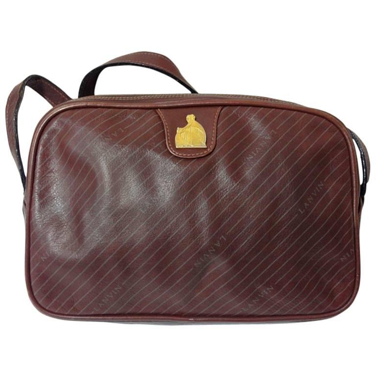 Vintage LANVIN wine brown logo printed leather shoulder bag with iconic logo For Sale