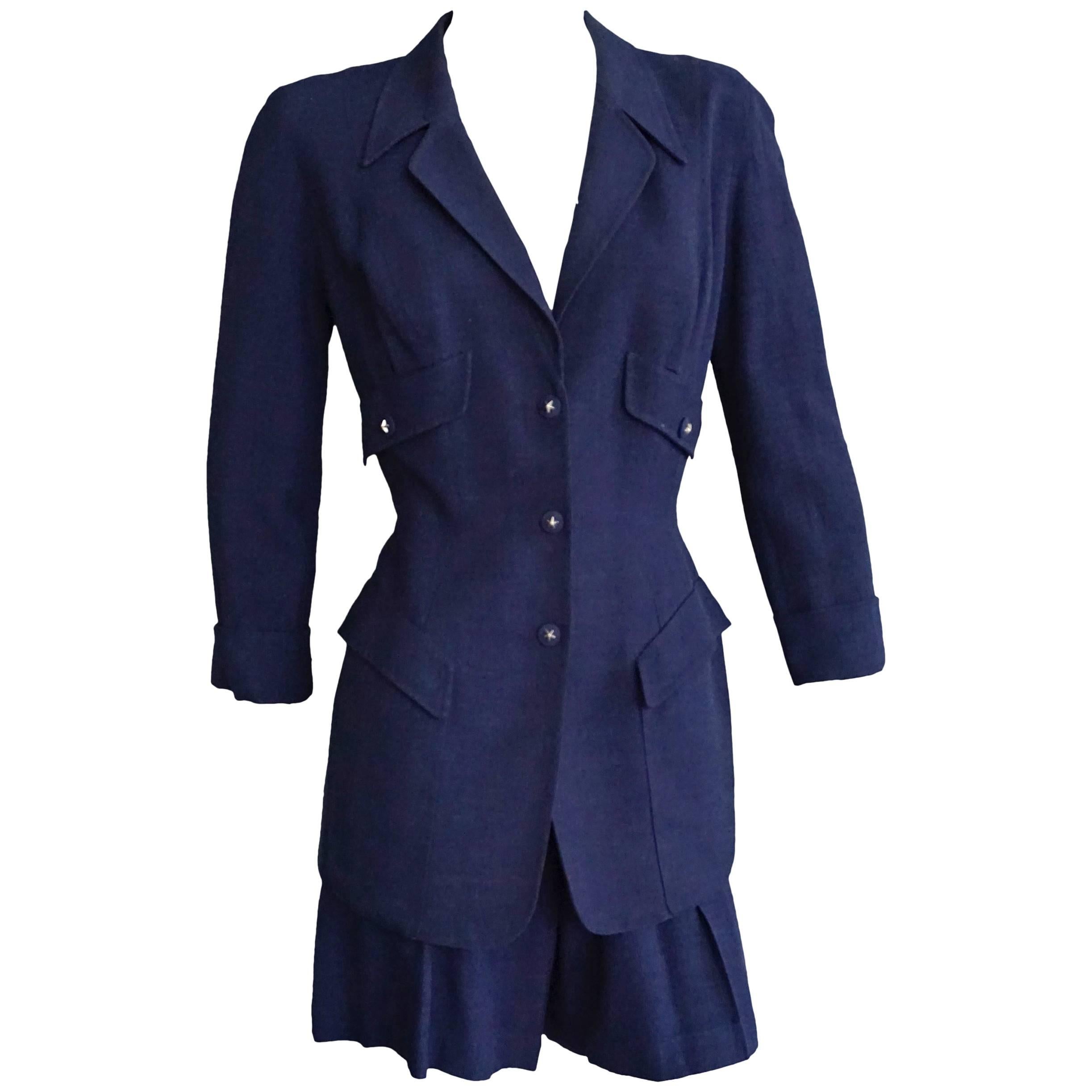 THIERRY MUGLER Navy Linen Fitted Jacket & Short Ensemble For Sale