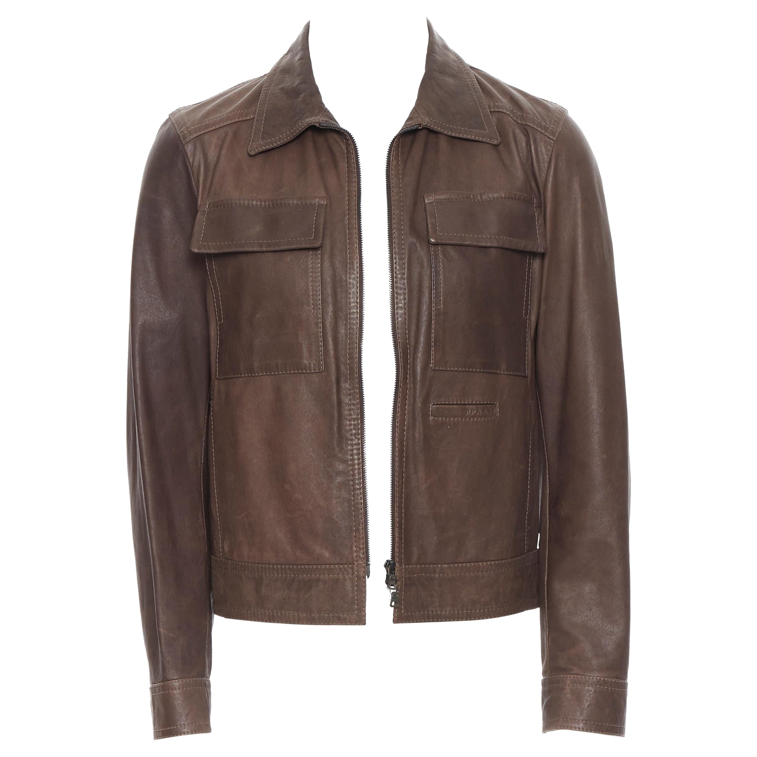 PRADA washed brown leather flap pocket collared zip flight jacket IT46 S