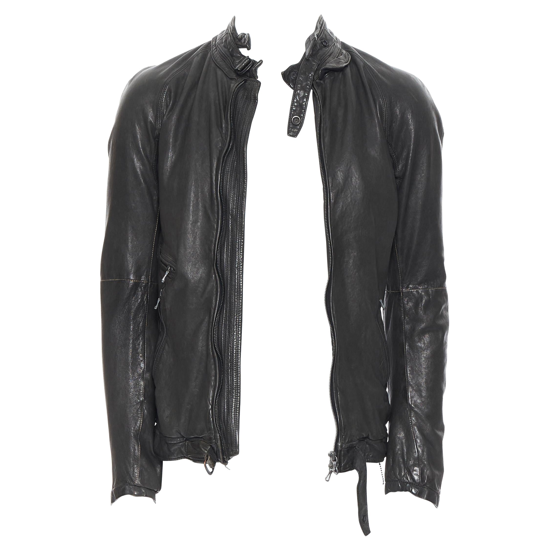 new MA JULIUS black tumbled soft lamb leather collarless zip biker jacket S
