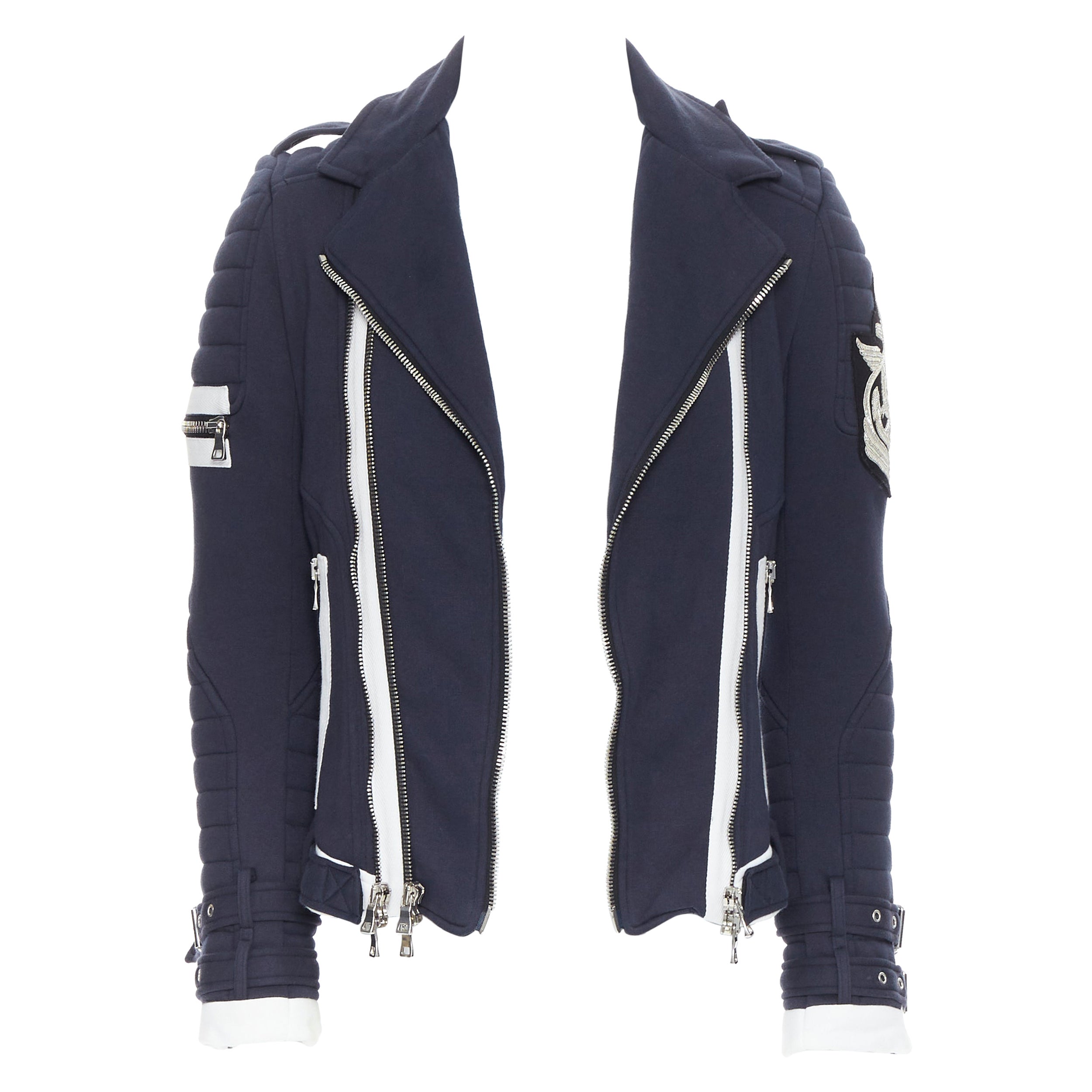 BALMAIN navy cotton nautical embroidery badge ribbed detail biker jacket XS
