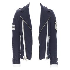 BALMAIN navy cotton nautical embroidery badge ribbed detail biker jacket XS