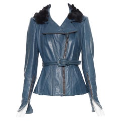 FENDI blue leather fur flower petal collar dual zip belted biker jacket IT40 S
