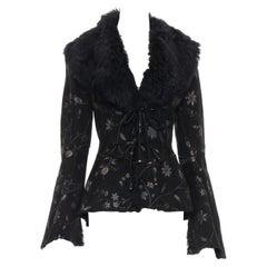 vintage ROBERTO CAVALLI black suede floral print fur lined belted jacket IT44 M