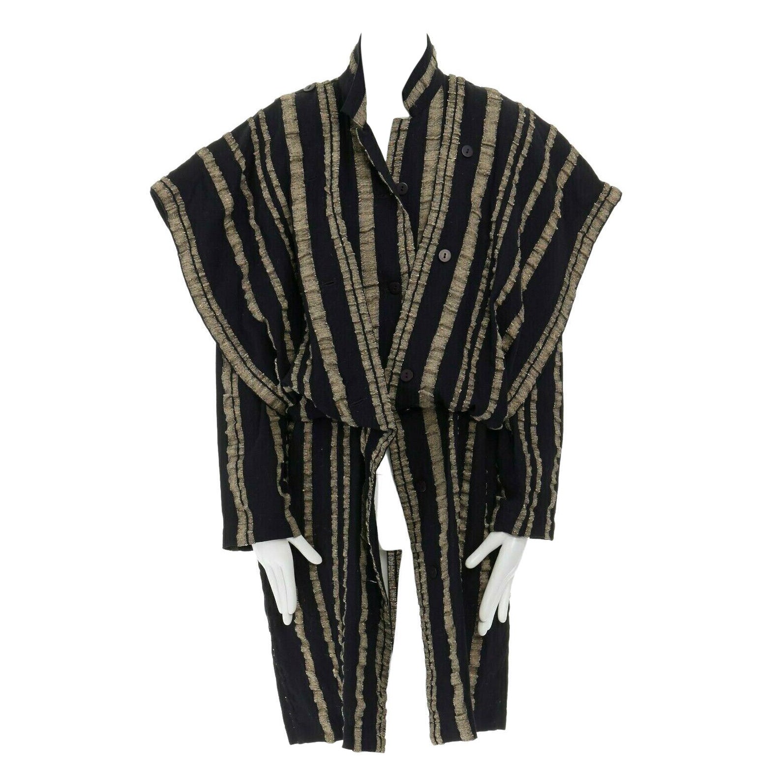 ISSEY MIYAKE Vintage 1980s black gold striped samurai shoulder wool coat M US8 For Sale