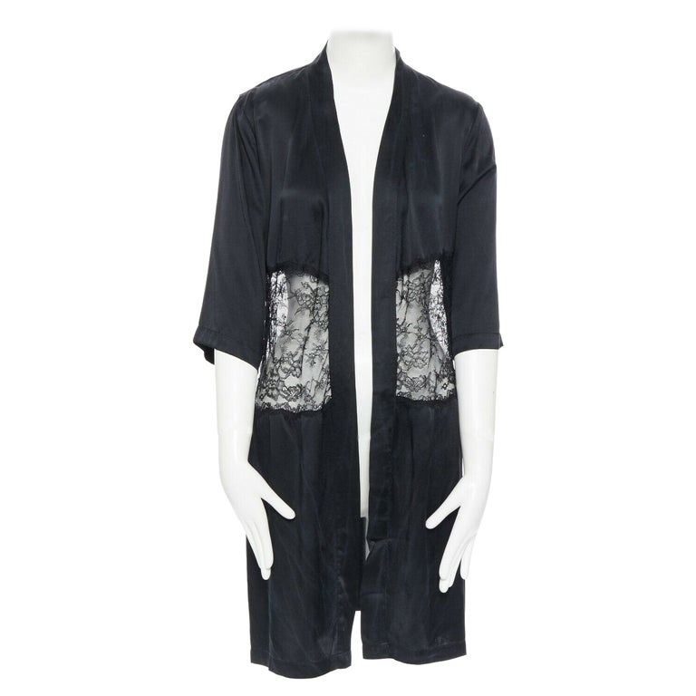 PRESENT LONDON black 100% silk floral lace panel lingerie short kimono ...