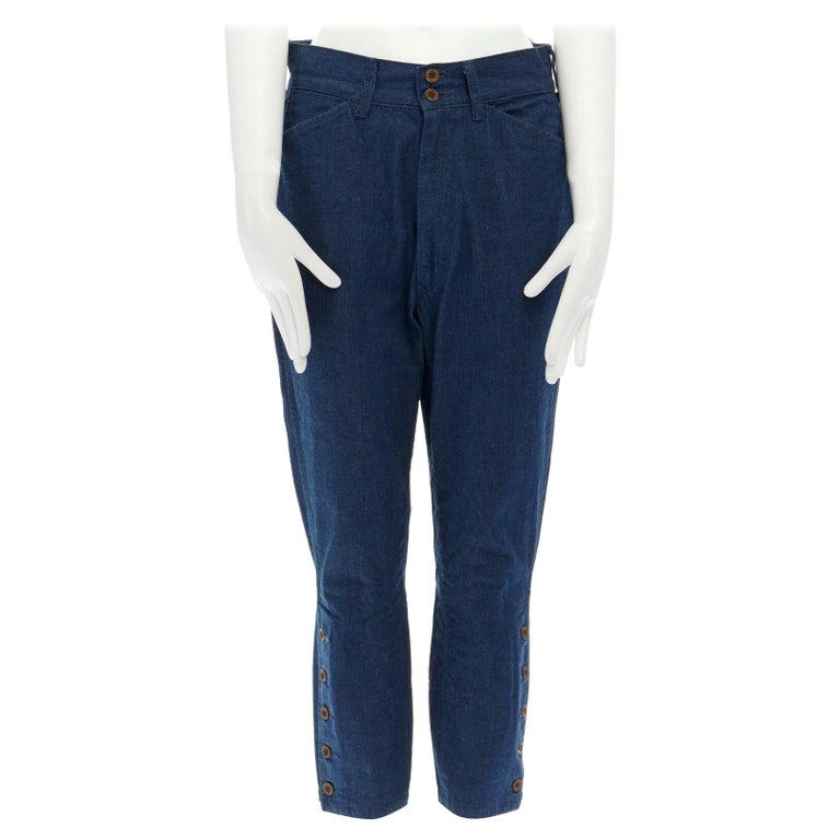 45R 45RPM natural dyed blue denim wood button cuff cropped capri jeans  trousers JP1 For Sale at 1stDibs