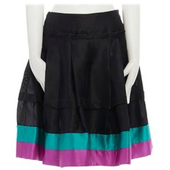 ROBERTO CAVALLI 100% silk black tiered pleated green pink hem flared skirt IT38