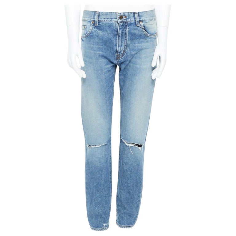 SAINT LAURENT HEDI SLIMANE blue cotton torn knee washed skinny denim jeans  29" For Sale at 1stDibs | hedi jeans, hedi slimane jeans