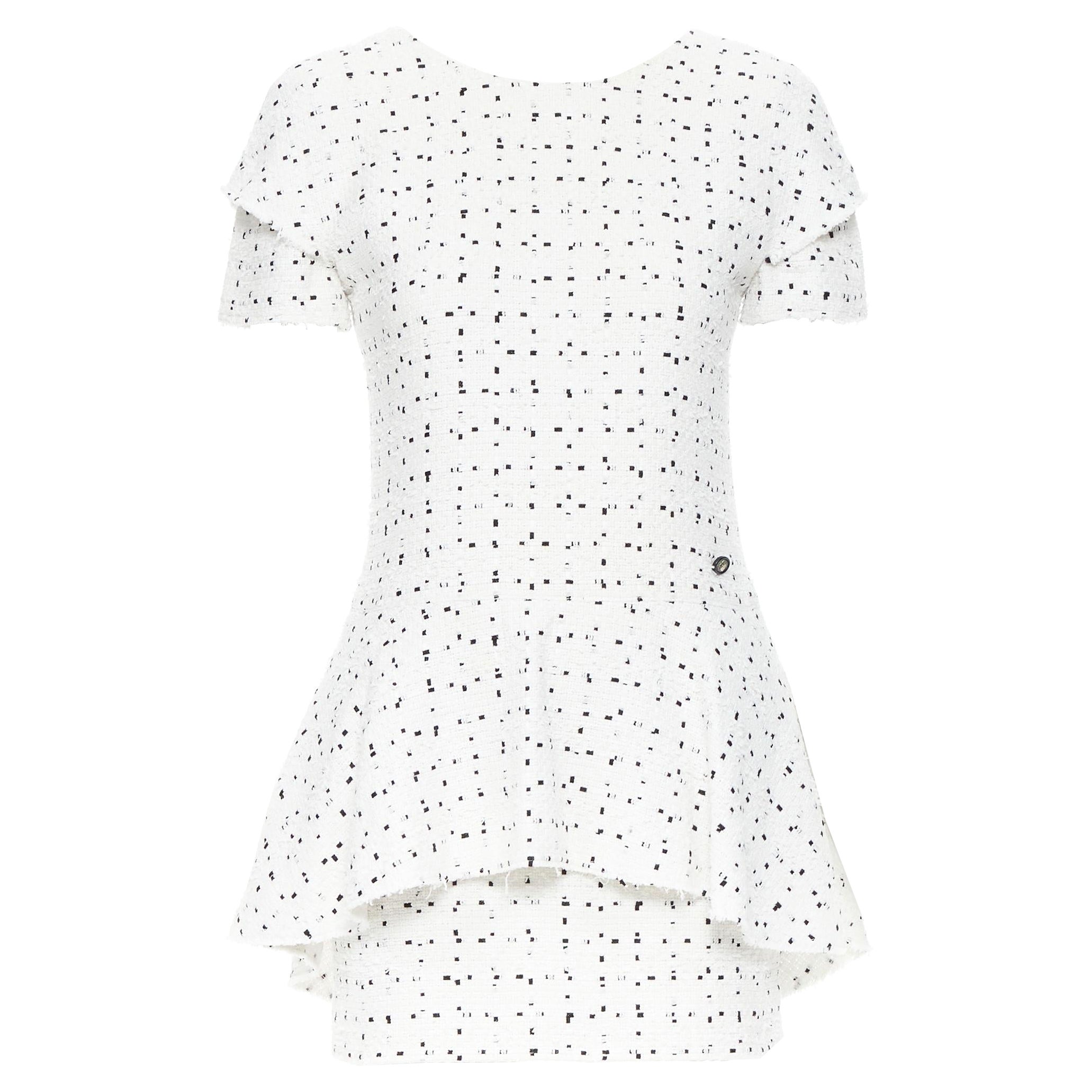 CHANEL white black speckle tweed peplum layered cap sleeve mini dress FR34 S