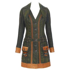 vintage CHRISTIAN DIOR GALLIANO green washed denim leather trimmed dress FR36