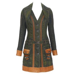 vintage CHRISTIAN DIOR GALLIANO grün gewaschenes Jeanskleid mit Lederbesatz FR36
