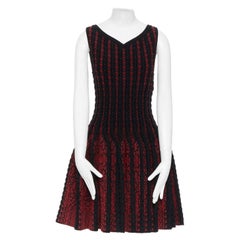 new ALAIA black red fleece wool geometric knit jacquard fit flare dress FR42 L