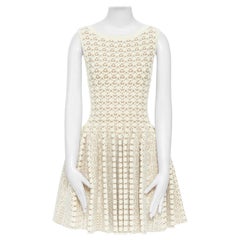 new ALAIA beige nude fleece wool geometric knit jacquard fit flare dress FR38 S