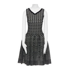 new ALAIA black white fleece wool geometric knit jacquard fit flare dress FR40 M