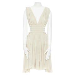 new ALAIA beige pleated plunge neck cut out caged waist cocktail dress FR38 S