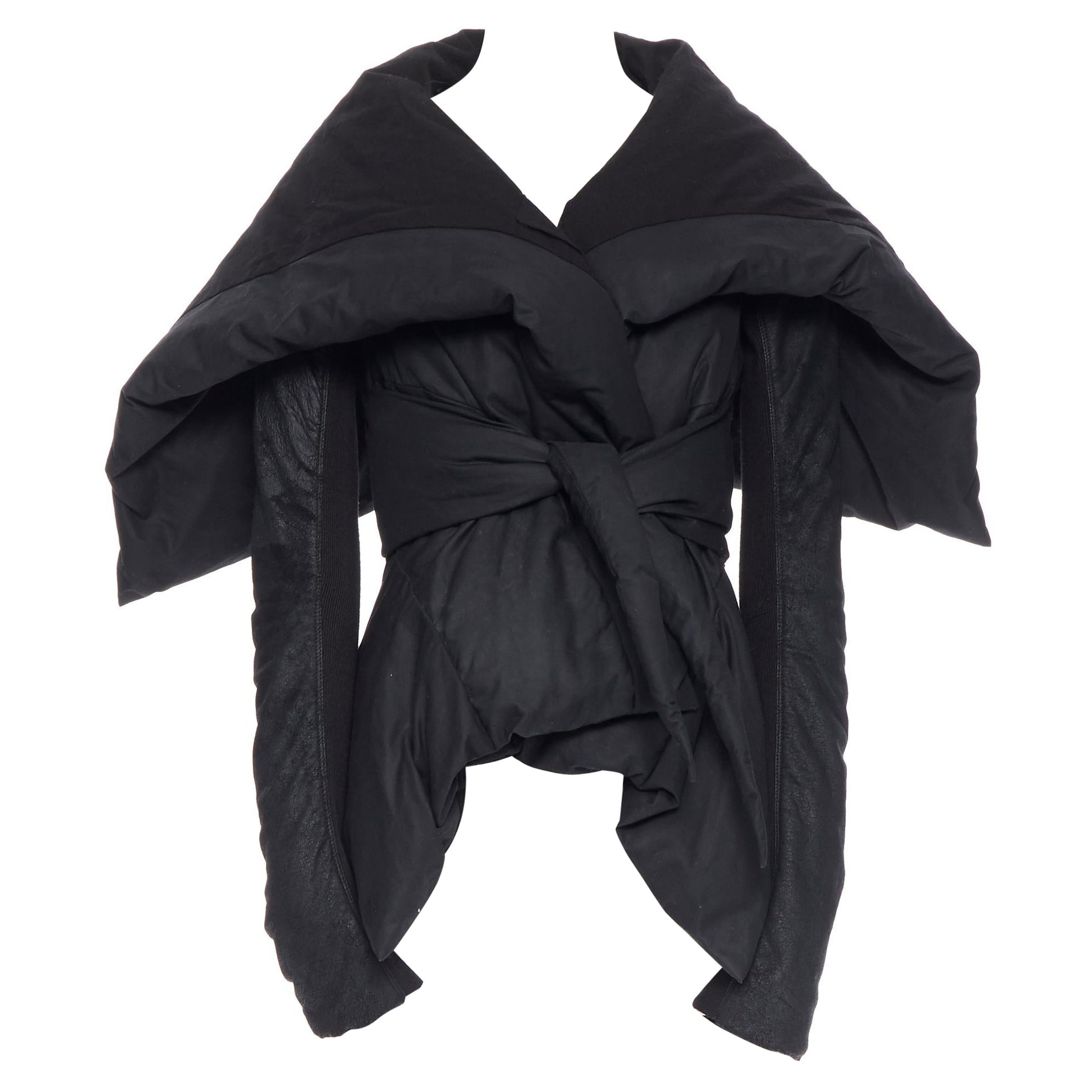 RICK OWENS black goose down leather sleeve oversized collar belted jacket IT42 S