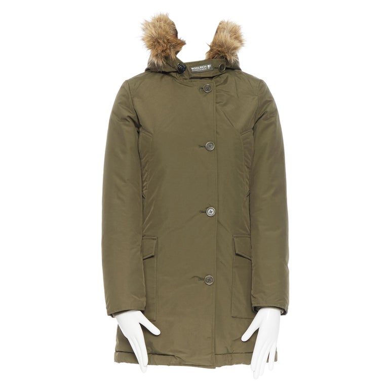 WOOLRICH olive green raccoon fur trimmed hood down padded winter coat jacket  XS For Sale at 1stDibs