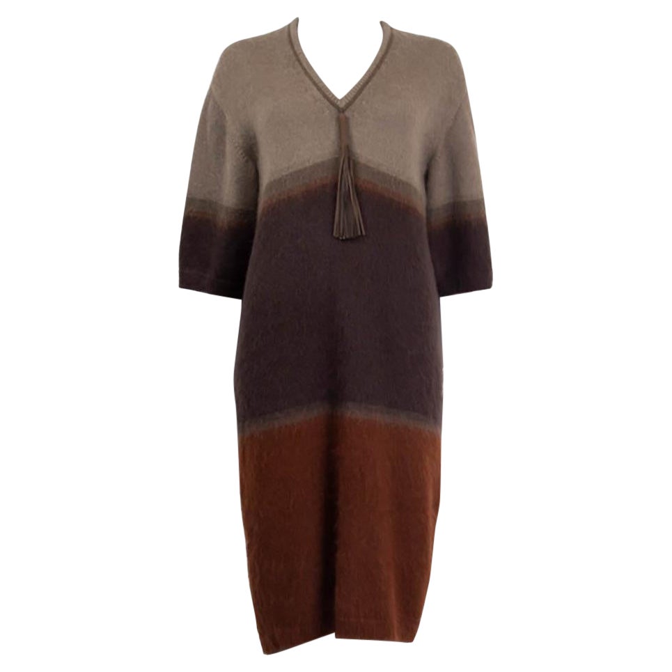 HERMES sage taupe brown mohair TASSEL Short Sleeve Dress 40 M For Sale