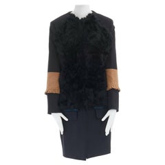 PREEN THORNTON BREGAZZI black fur front ruffle cuff flap pocket wool coat S