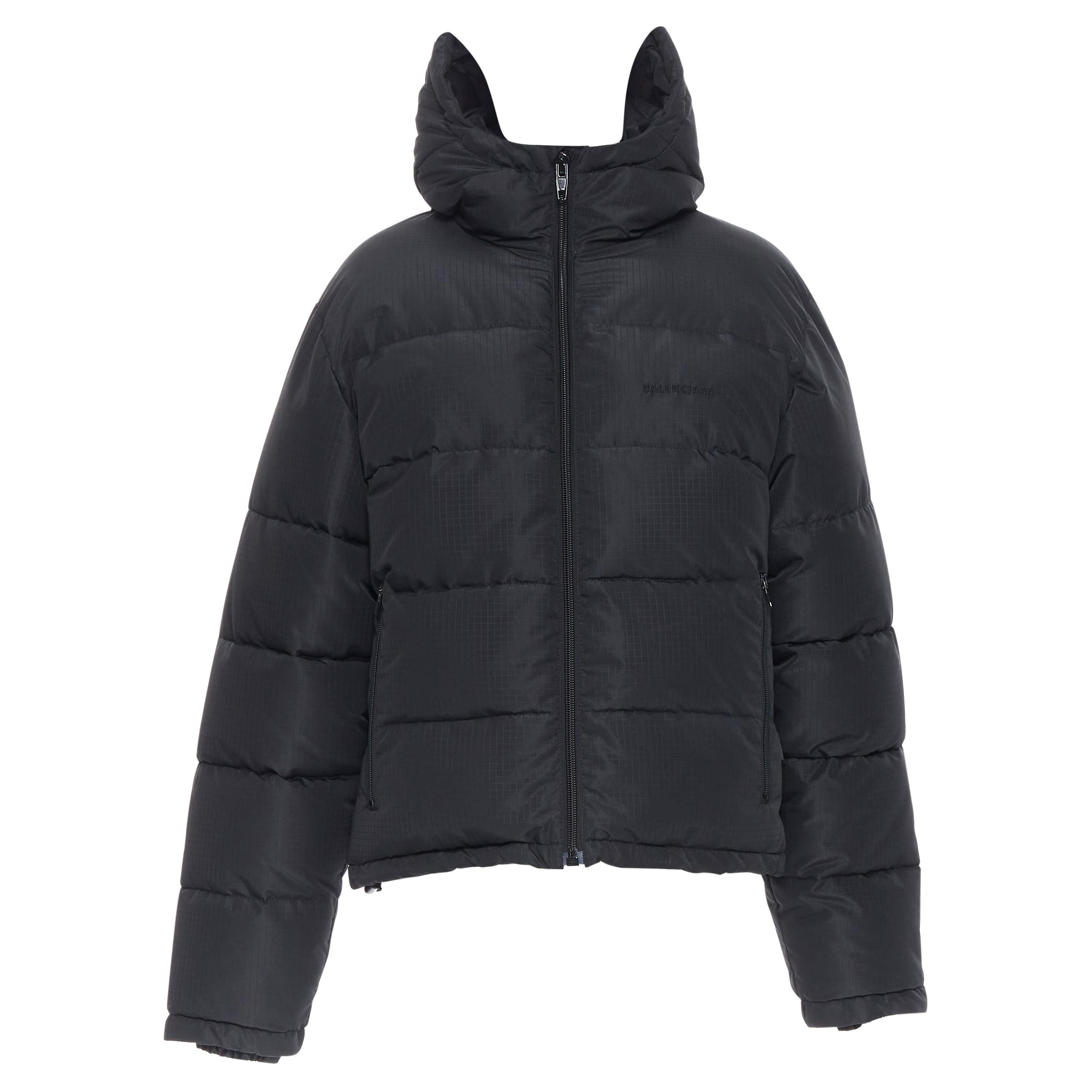 new BALENCIAGA DEMNA black grid nylon logo zip down feather puffer jacket FR36