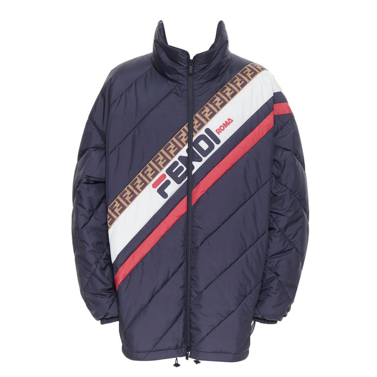new FENDI FILA Mania blue logo print down padded oversized puffer jacket  IT50 L at 1stDibs