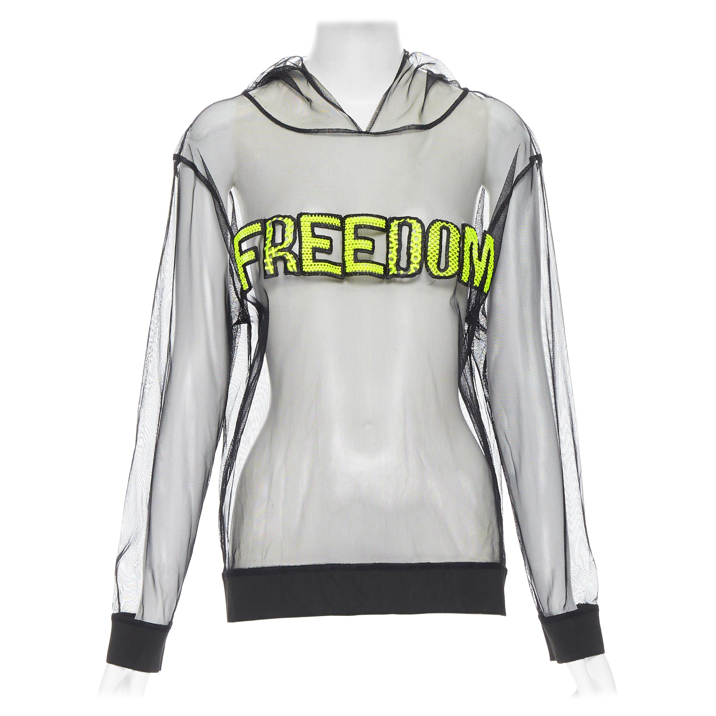 MSGM Freedom neon yellow patch black sheer hooded pullover top Fr38 S
