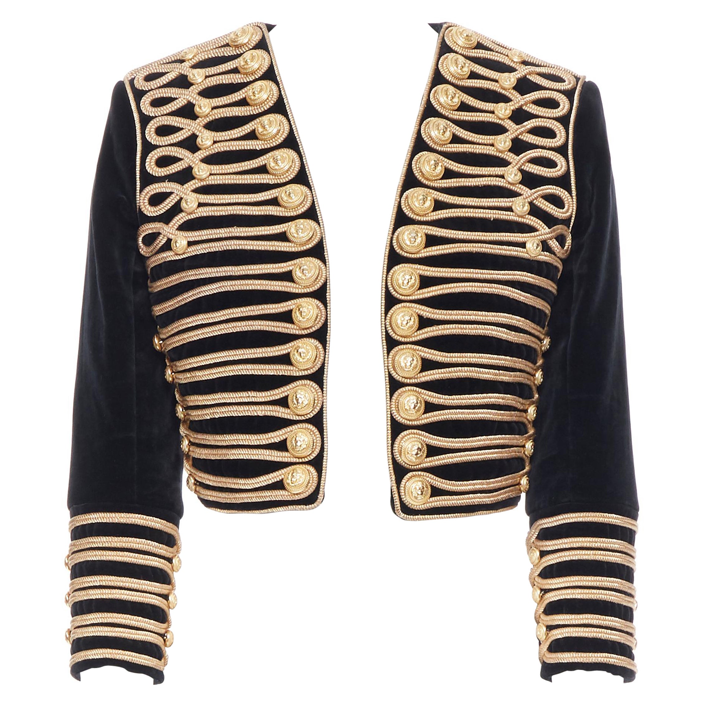 BALMAIN black velvet gold rope embroidery lion button military cropped jacket S