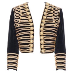 BALMAIN black velvet gold rope embroidery lion button military cropped jacket S