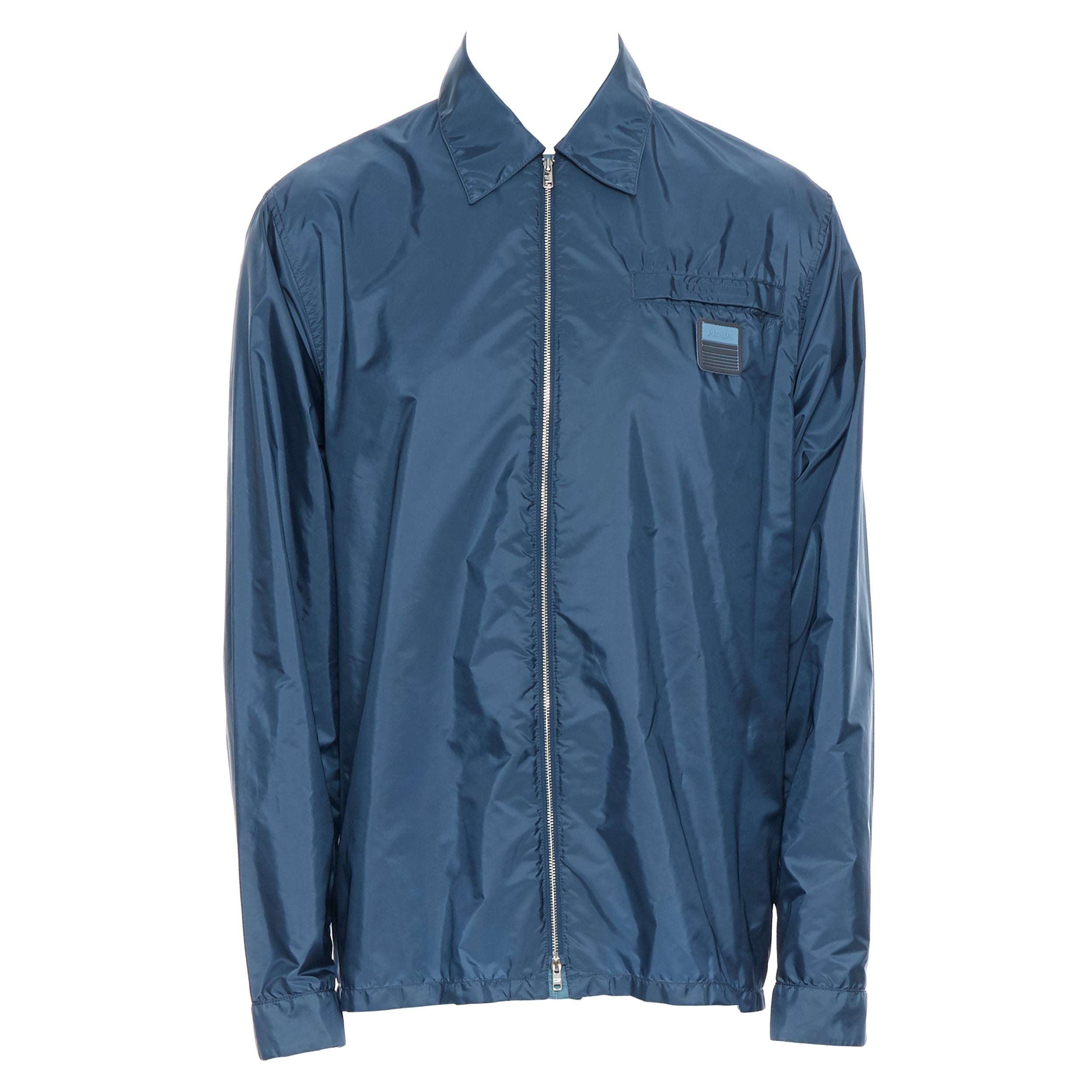 new PRADA Nylon 2018 blue sport rubber logo badge zip front shirt shell  jacket L