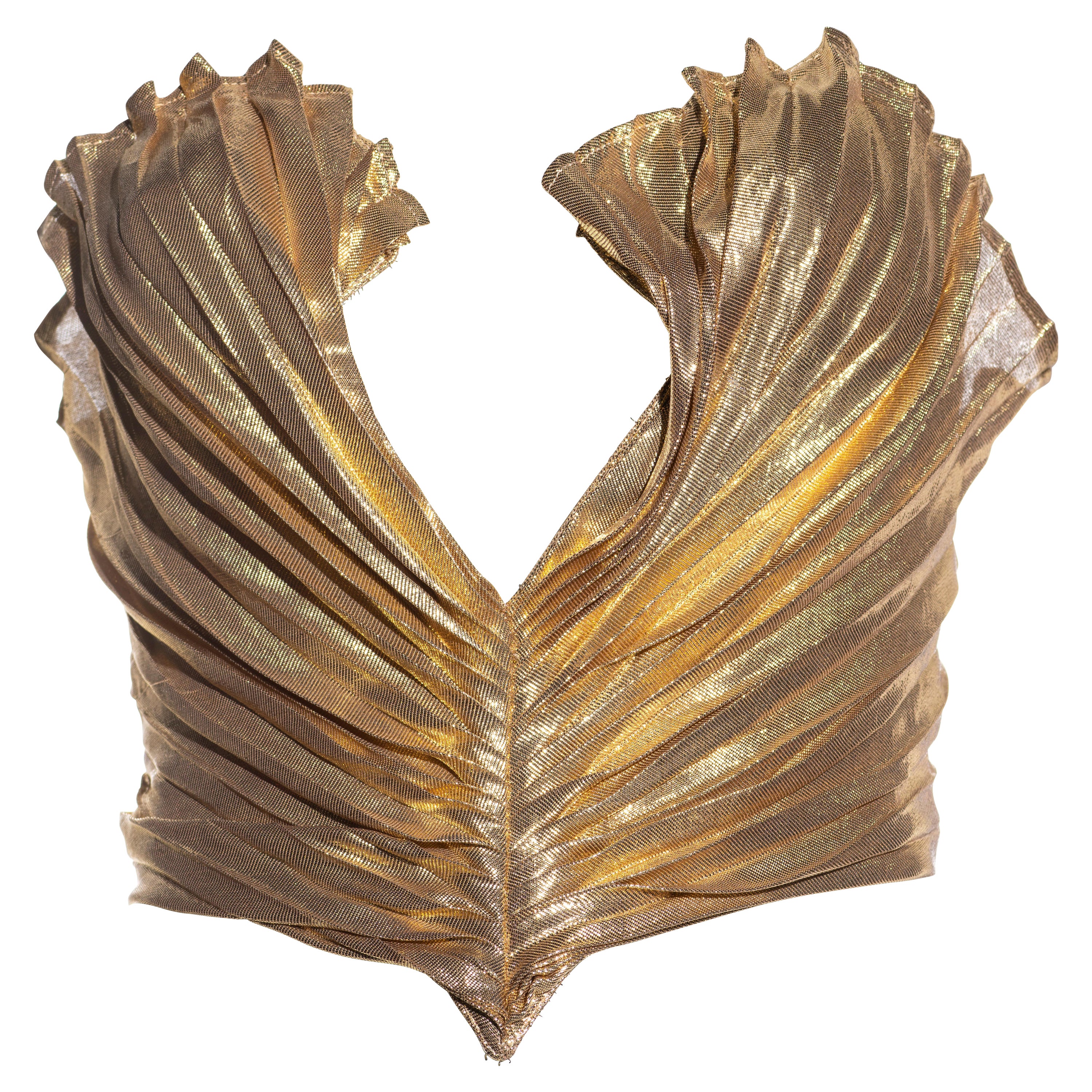 Thierry Mugler gold silk pleated strapless corset, ss 1985
