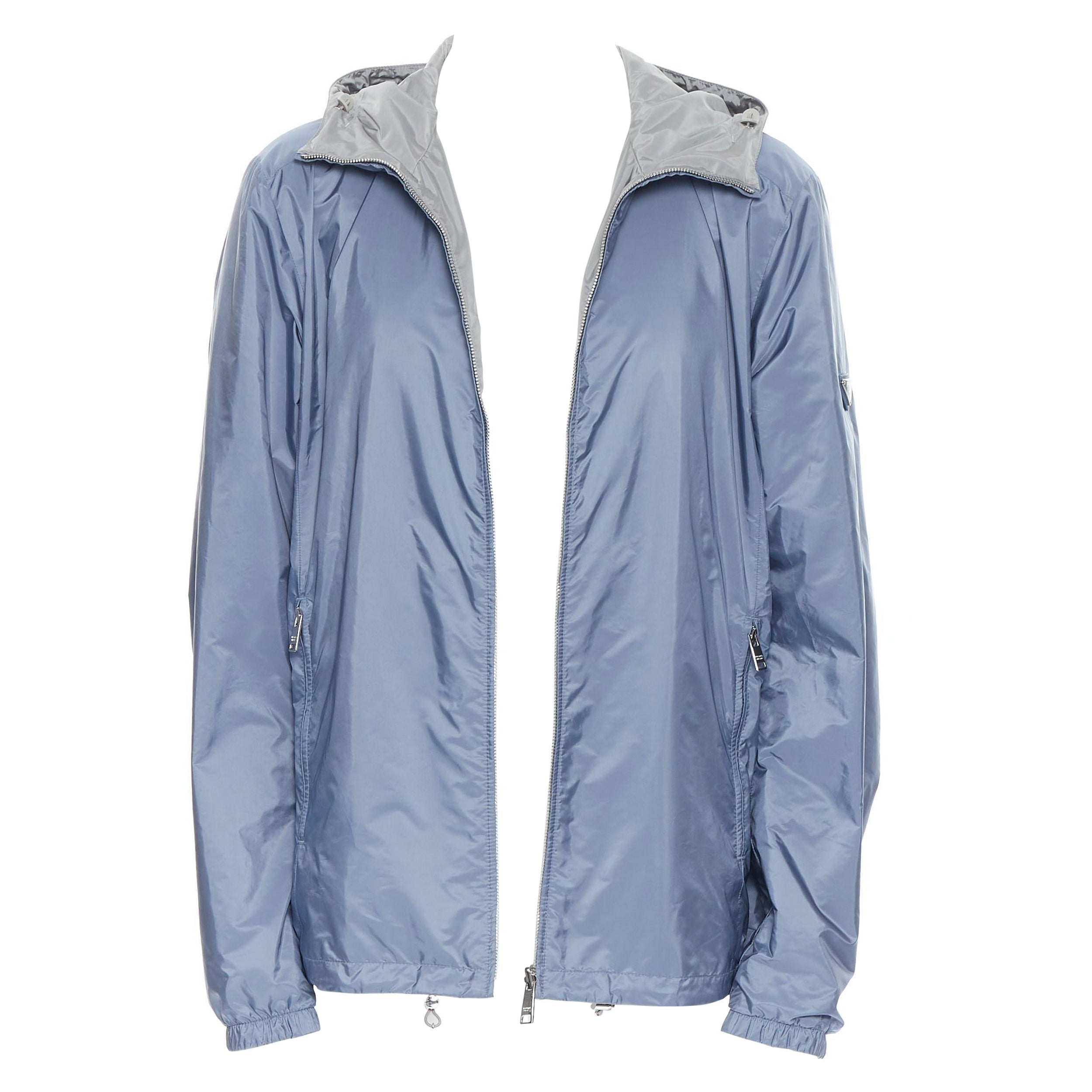 new PRADA 2018 grey blue nylon reversible hooded windbreaker jacket IT56 3XL