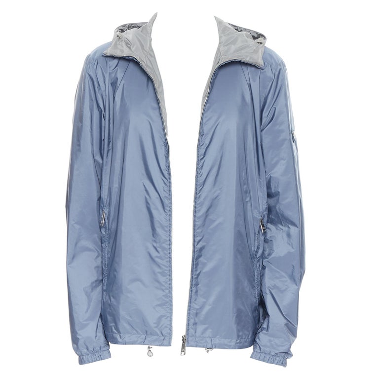 new PRADA 2018 grey blue nylon reversible hooded windcheater jacket IT56  3XL at 1stDibs