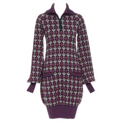 CHANEL 08A - Robe pull en maille à carreaux métalliques en lurex gris et violet, vintage, Fr34