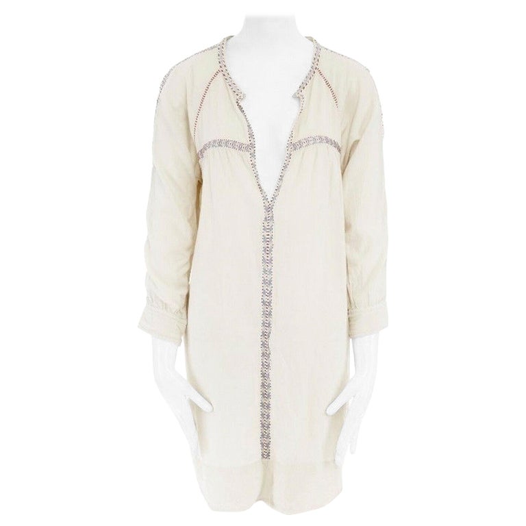 ISABEL MARANT ETOILE beige viscose cotton tribal embroidery boho dress FR38  S For Sale at 1stDibs