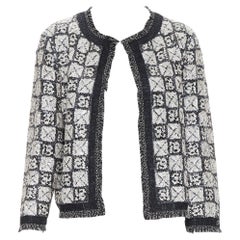 CHANEL linen blend white grey geometric sequins knit trim jacket FR40 M