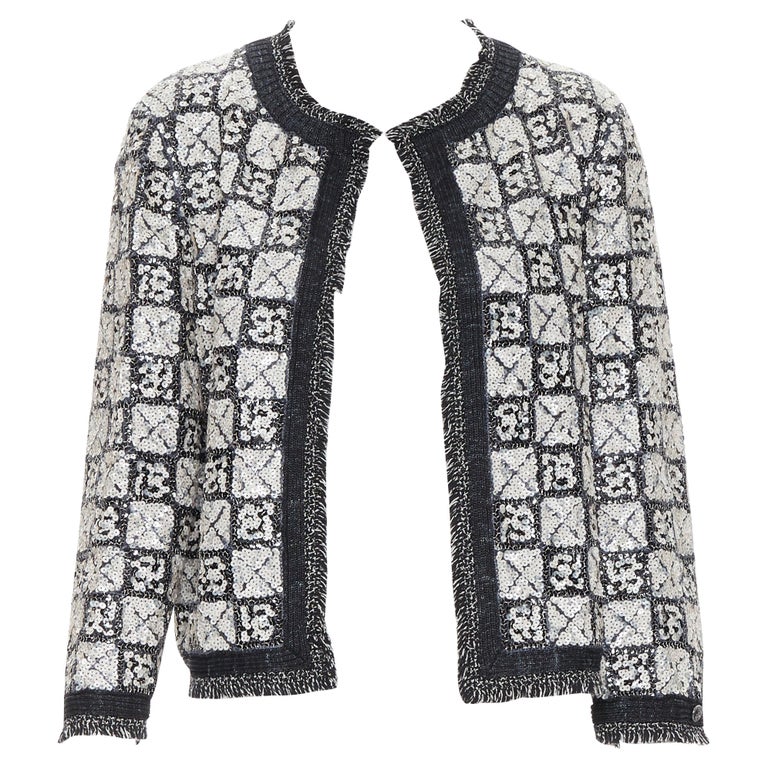 CHANEL linen blend white grey geometric sequins knit trim jacket FR40 M ...