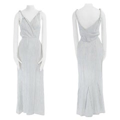 HELLESSY white grey striped viscose linen twisted strap plunge neck dress US2 XS