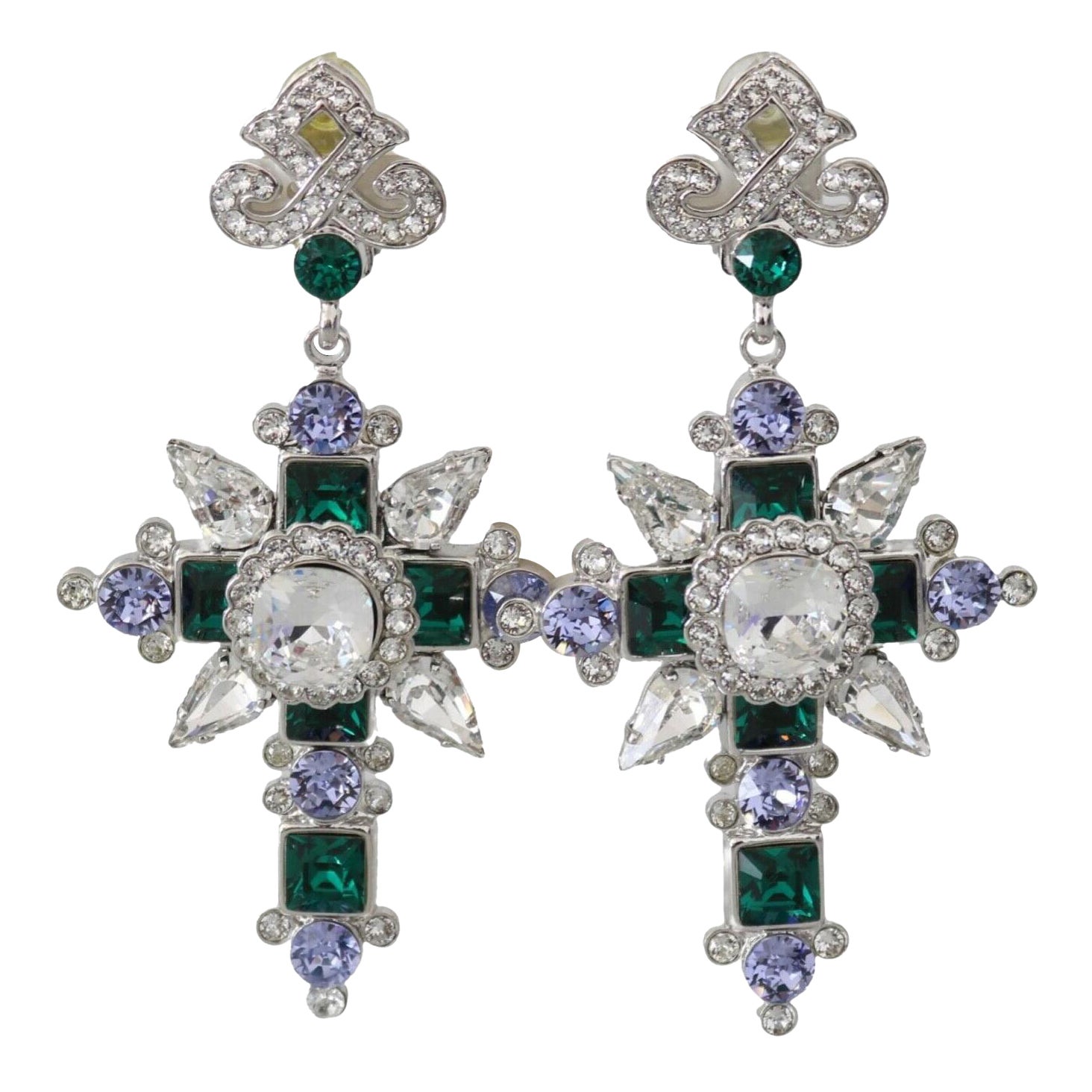 Dolce & Gabbana Silver Brass Crystal Cross Clip-on Dangle Earrings Green Purple